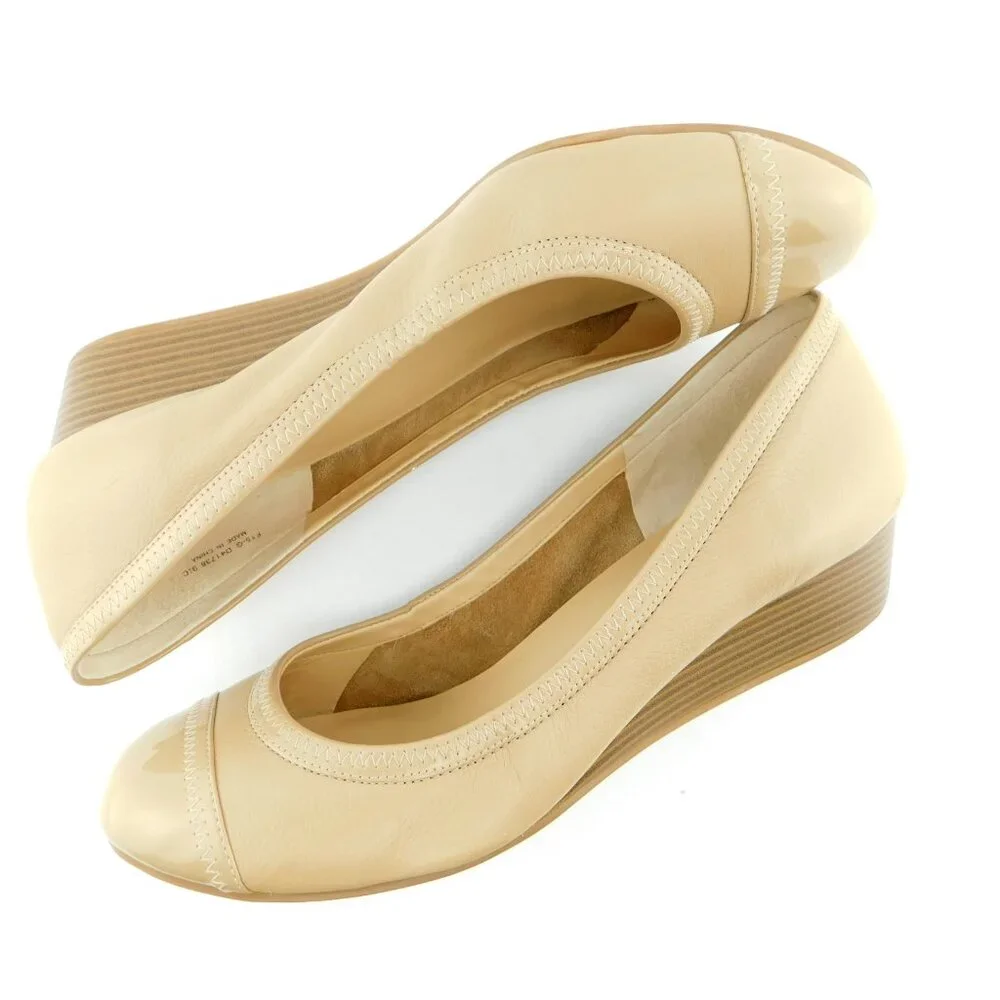 COLE HAAN Nude Beige Leather Cap Toe Wedge Ballet Heels 9.5 C